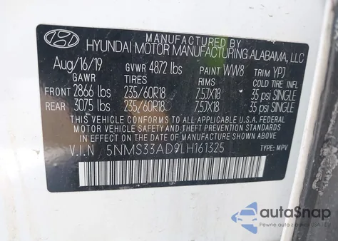 2020 Hyundai Santa Fe Sel z USA, uszkodzony, nr VIN 5NMS33AD9LH161325